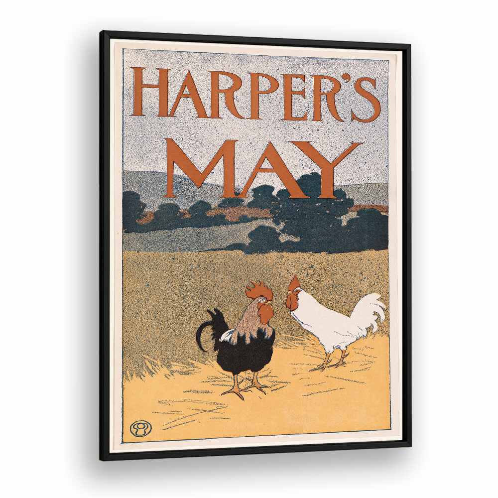 Harpers May Two Roosters In A Field 1898 Vintage Paintings in Black Plain Frame