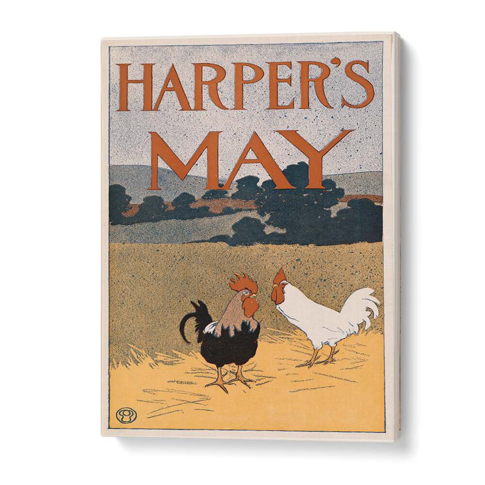 Harpers May Two Roosters In A Field 1898 Vintage Paintings in Gallery Wrap