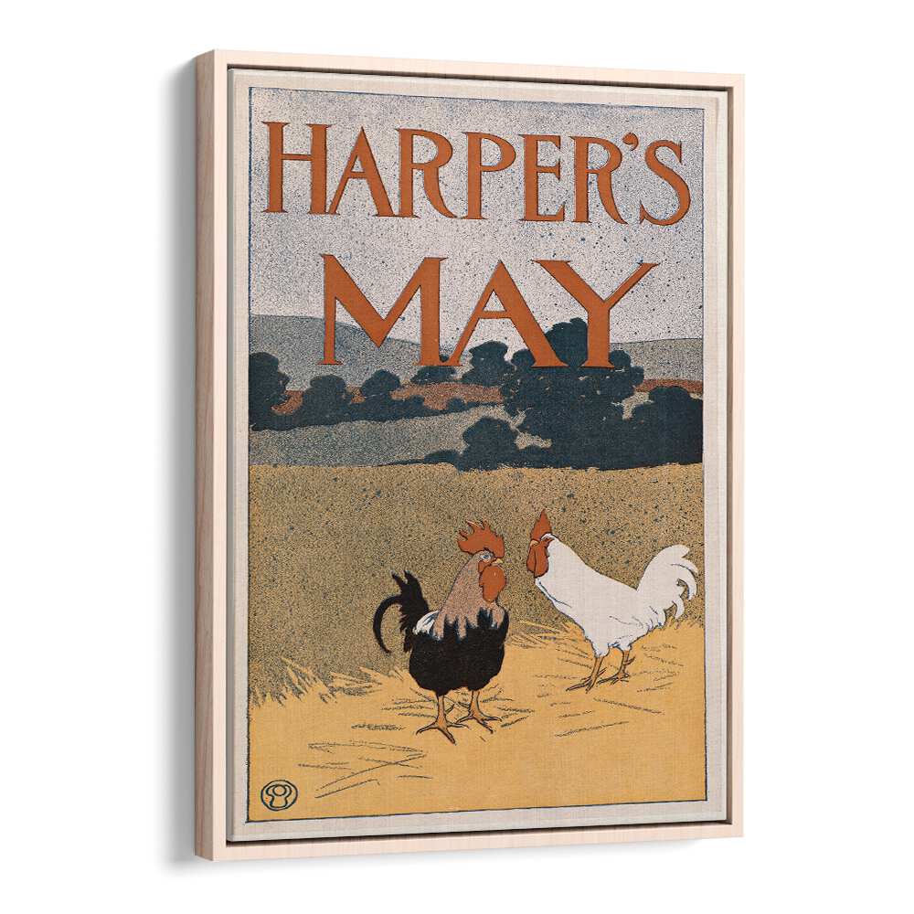 Harpers May Two Roosters In A Field 1898 Vintage Paintings in Oak Wood Floater Frame