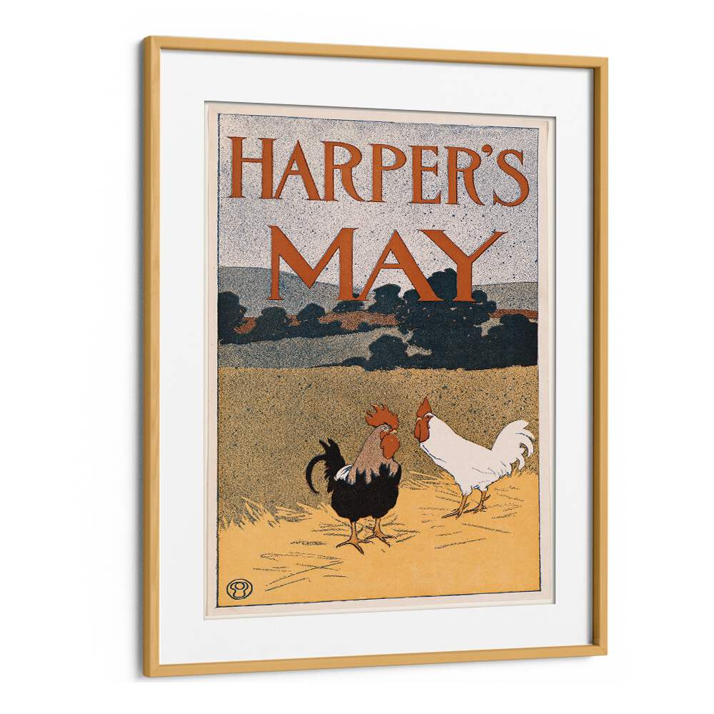 Harpers May Two Roosters In A Field 1898 Vintage Paintings in Oak Wood Frame With Mount