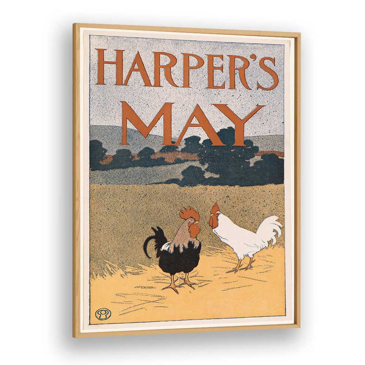 Harpers May Two Roosters In A Field 1898 Vintage Paintings in Oak Wood Plain Frame