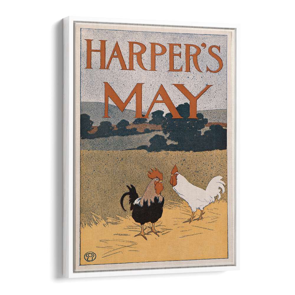 Harpers May Two Roosters In A Field 1898 Vintage Paintings in White Floater Frame