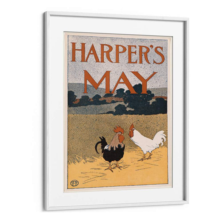 Harpers May Two Roosters In A Field 1898 Vintage Paintings in White Frame With Mount