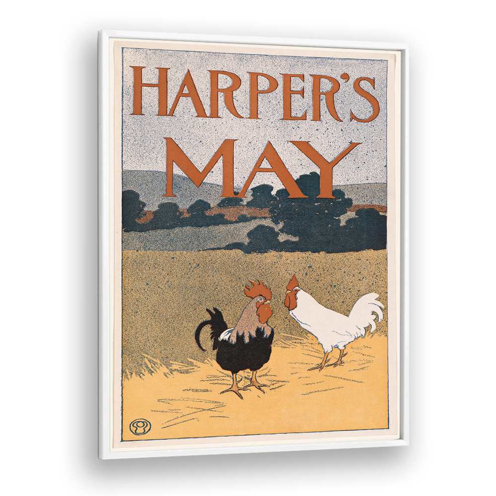 Harpers May Two Roosters In A Field 1898 Vintage Paintings in White Plain Frame