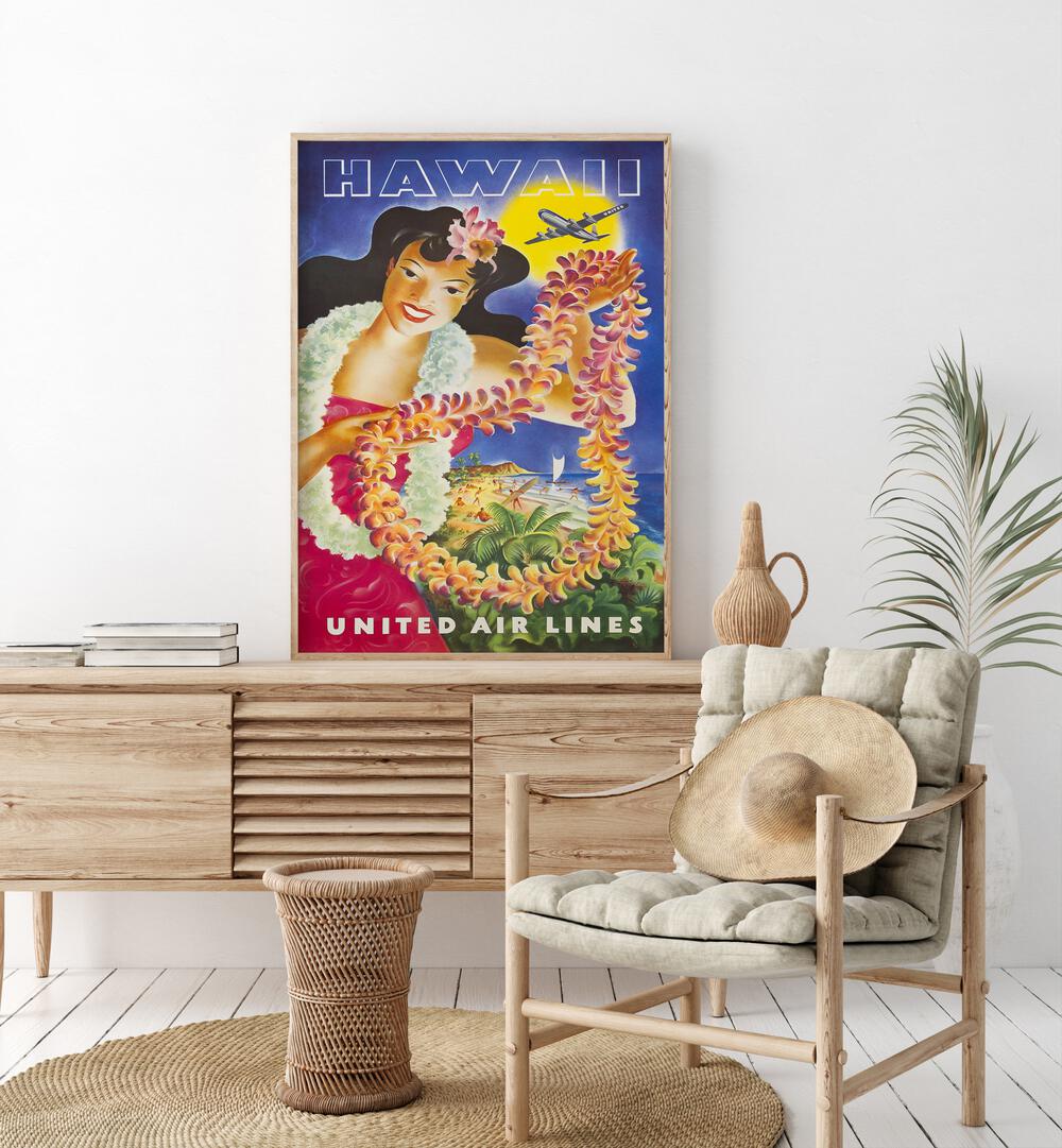 Hawaii Retro Vintage Travel Vintage Travel Posters in Oak Wood Plain Frame on a console table beside a plant