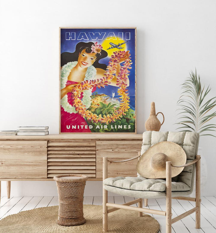 Hawaii Retro Vintage Travel Vintage Travel Posters in Oak Wood Plain Frame on a console table beside a plant