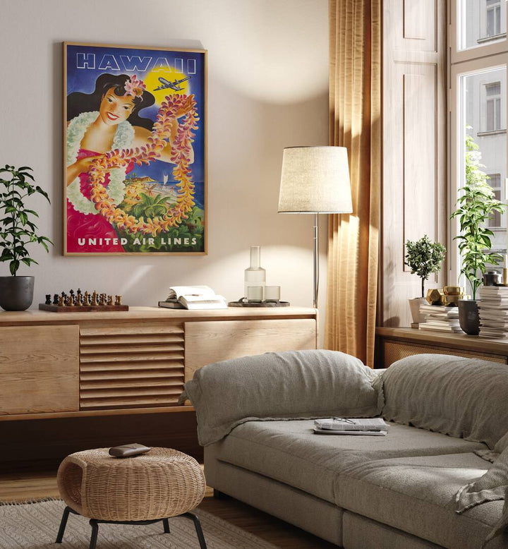 Hawaii Retro Vintage Travel Vintage Travel Posters in Oak Wood Plain Frame on a wall above a console table beside a lamp