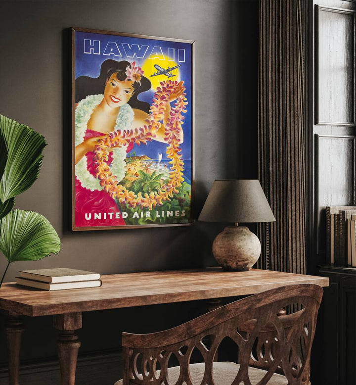 Hawaii Retro Vintage Travel Vintage Travel Posters in Dark Wood Plain Frame on a wall above  a study table beside a plant