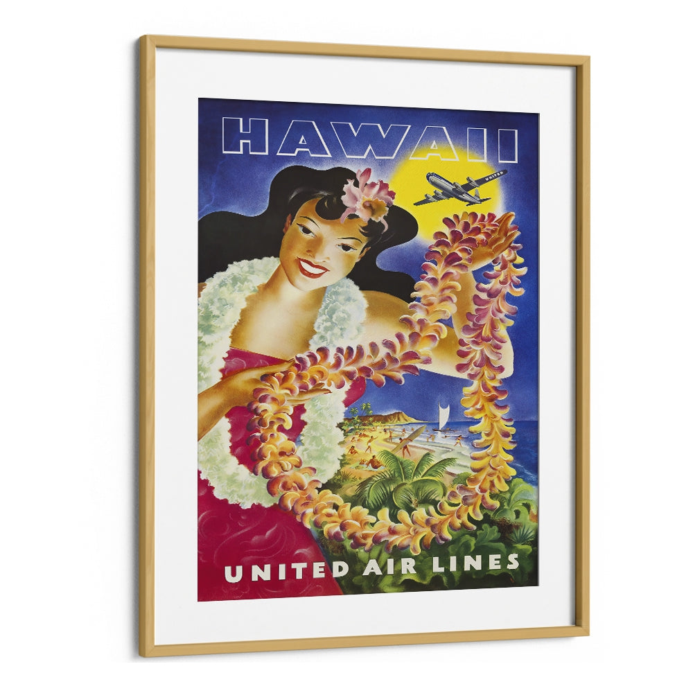 Hawaii Retro Vintage Travel Vintage Travel Posters in Oak Wood Frame With Mount