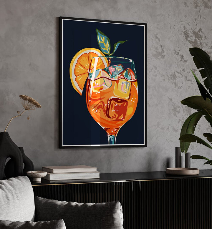 Hawaiian Cocktail By Uma Gokhale Bar and Cafe Poster in Black Plain Frame on a wall above a black console table 