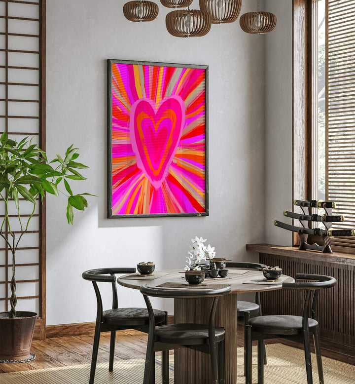 Heart Illusion By Treechild Wall Art Prints in Dark Wood Plain Frame placed on a White Colored Wall near a Coffee Table in the Dining Room