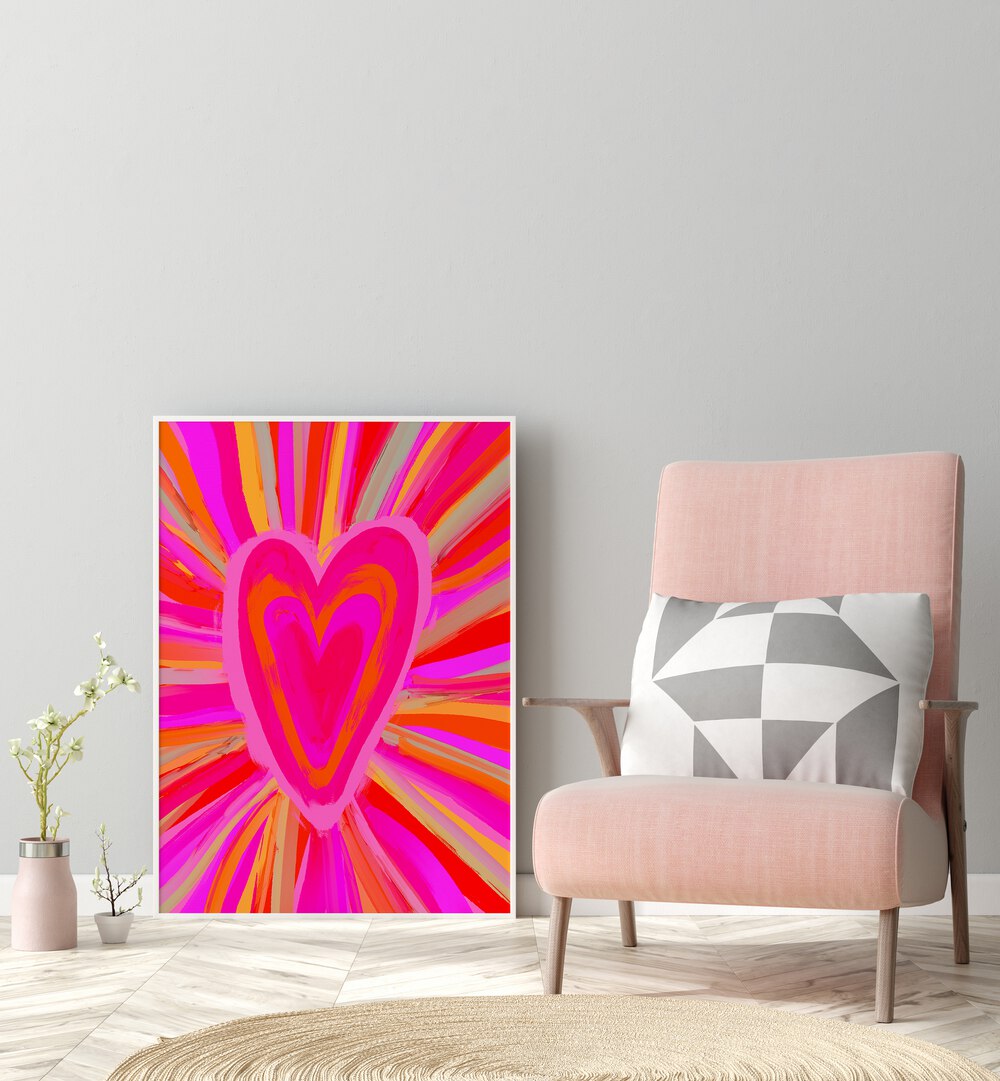 Heart Illusion By Treechild Wall Art Prints in White Plain Frame placed on the floor near a Grey Colored Wall in the Drawing Room