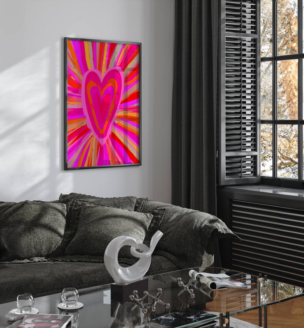 Heart Illusion By Treechild Wall Art Prints in Black Plain Frame placed on a White Colored Wall near a Dark Grey Sofa in the Living Room