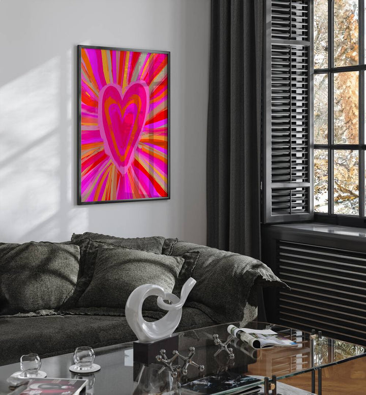 Heart Illusion By Treechild Wall Art Prints in Black Plain Frame placed on a White Colored Wall near a Dark Grey Sofa in the Living Room