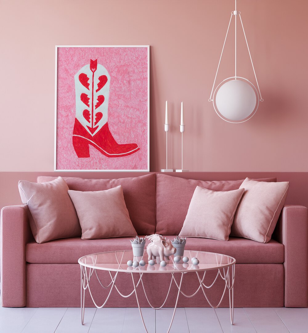 Heartbreak Heels Fashion Paintings Fashion Posters in White Plain Frame placed on a Pink Colored Wall  near a Pink Sofa in the Living Room