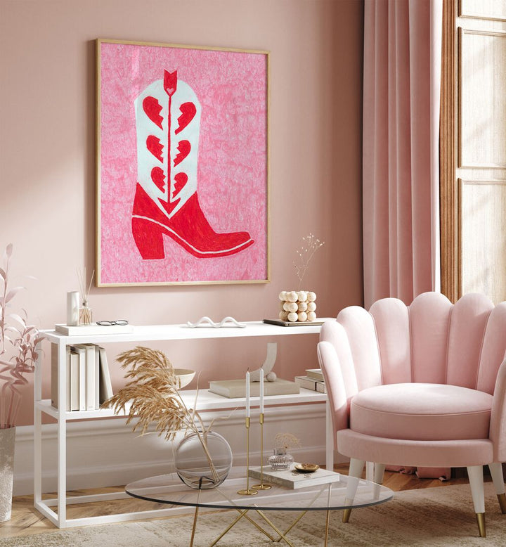 Heartbreak Heels Fashion Paintings Fashion Posters in Oak Wood Plain Frame above a Console Table 