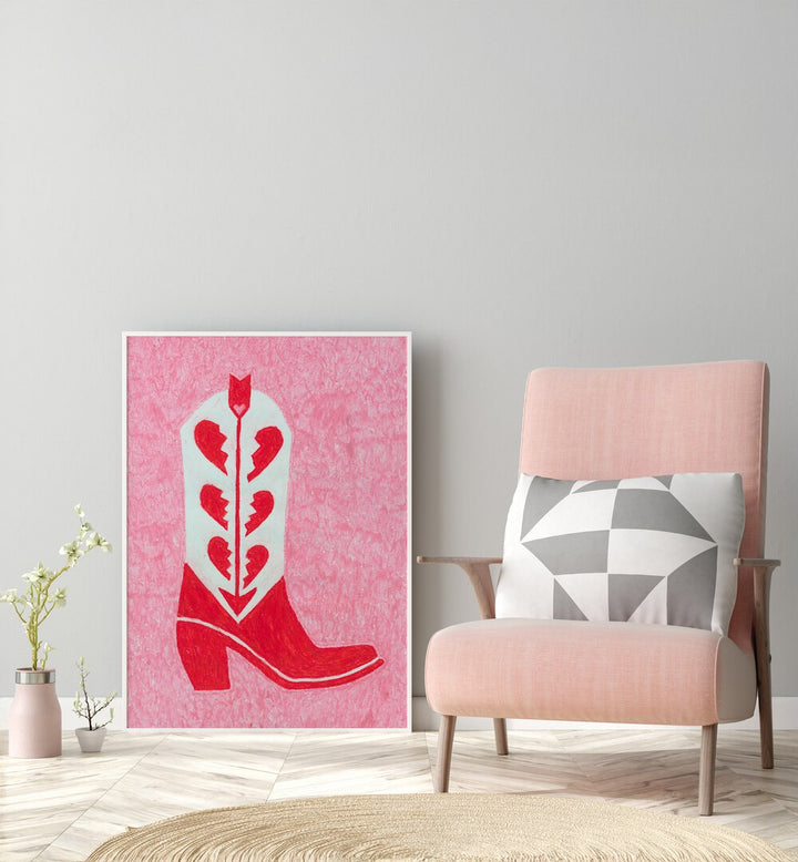 Heartbreak Heels Fashion Paintings Fashion Posters in White Plain Frame placed on the floor near a Grey Colored Wall in the Drawing Room