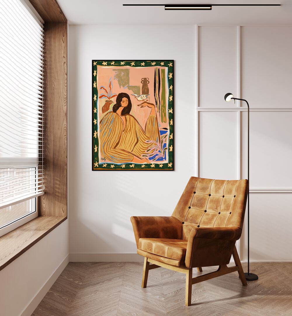 Hello Birdy By Arty Guava Wall Art Prints in Black Plain Frame placed on a Cream Colored Wall in the Drawing Room