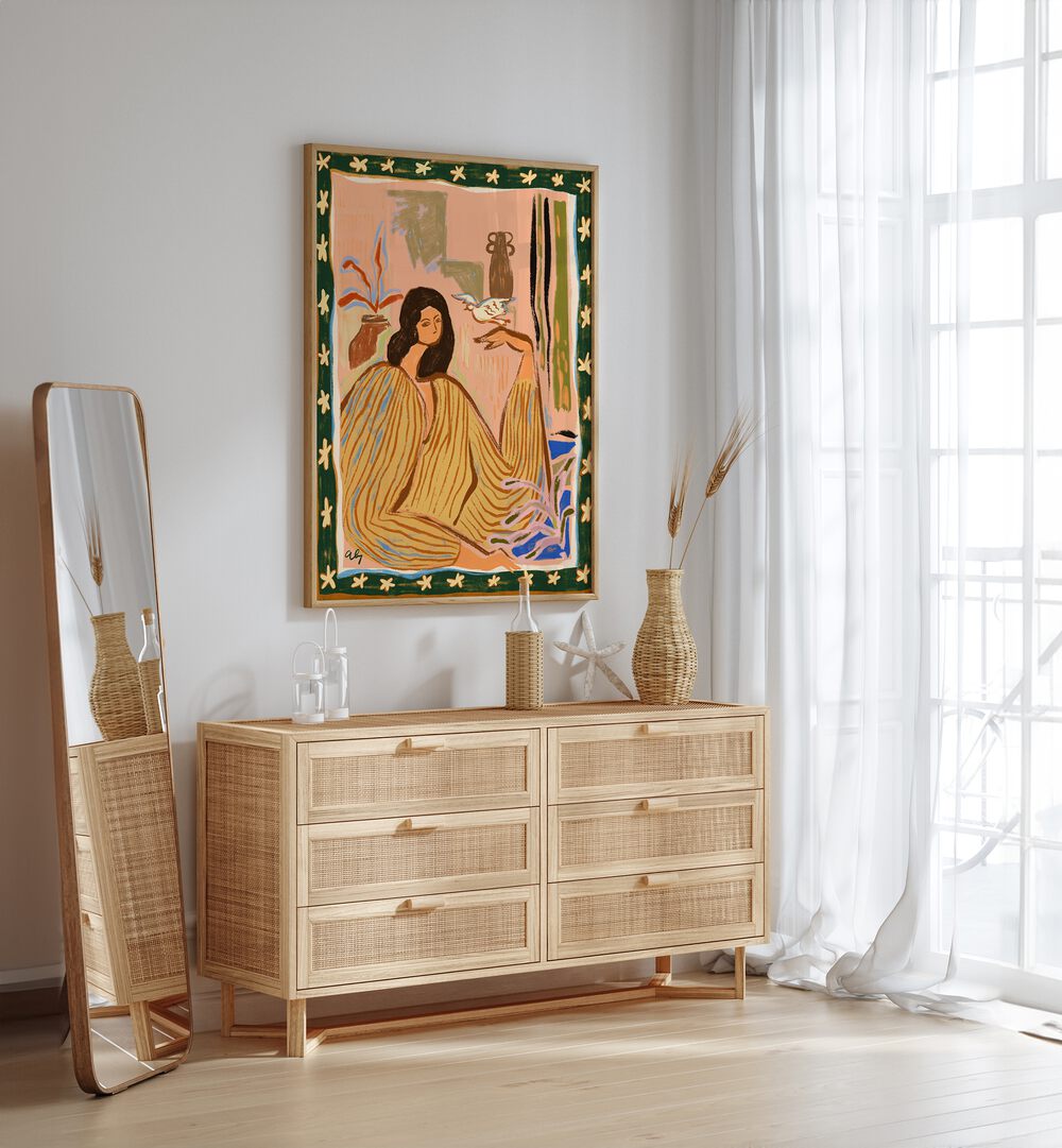 Hello Birdy By Arty Guava Wall Art Prints in Oak Wood Plain Frame placed on a White Colored Wall above a Console Table in the Drawing Room 