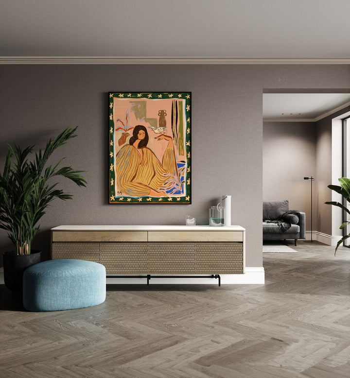 Hello Birdy By Arty Guava Wall Art Prints in Black Plain Frame placed on a Beige Colored Wall above a Console Table in the Drawing Room