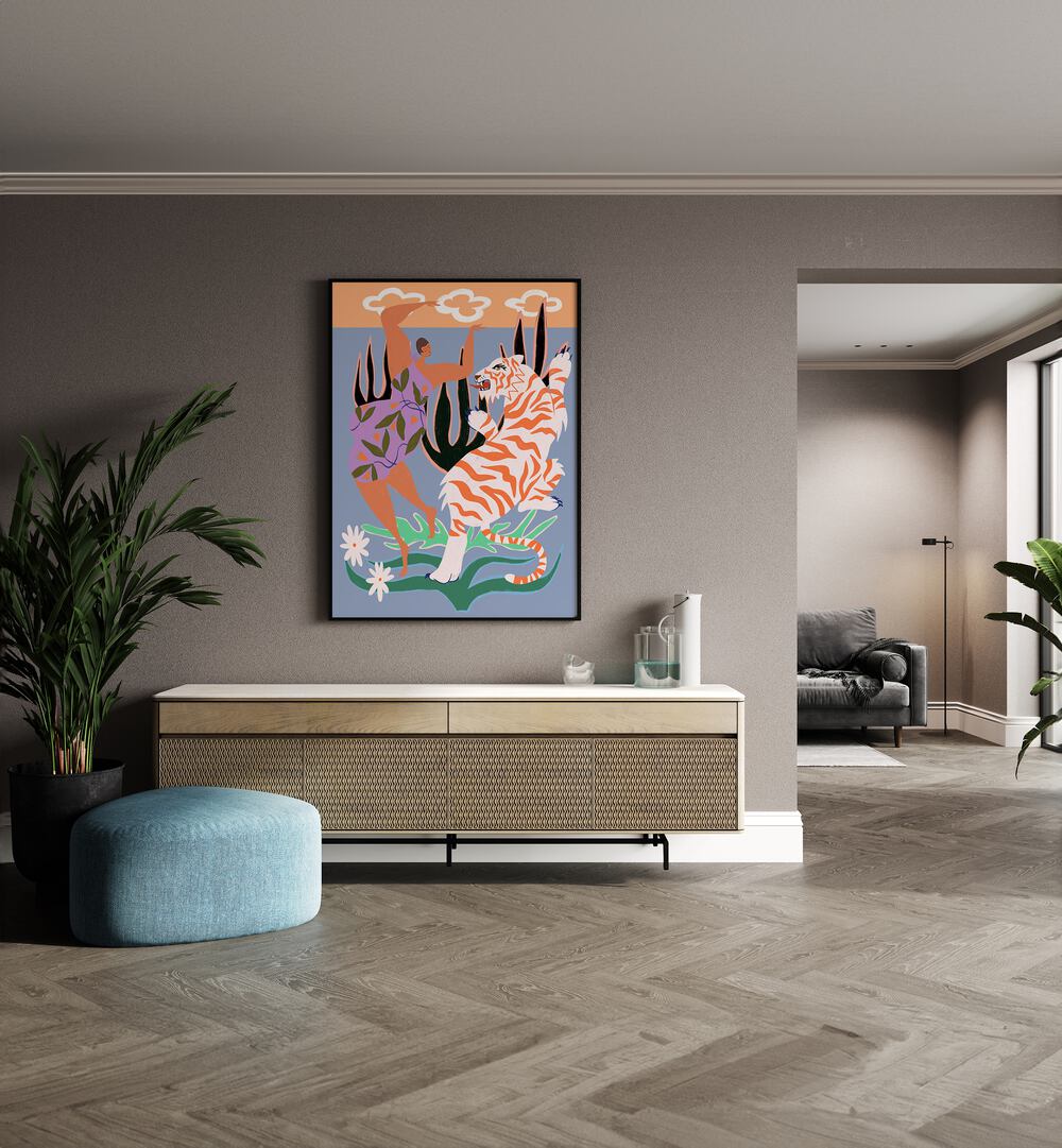 Hello Tiger By Arty Guava Wall Art Prints in Black Plain Frame placed on a Beige Colored Wall above a Console Table in the Drawing Room