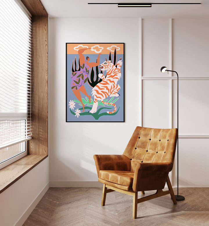 Hello Tiger By Arty Guava Wall Art Prints in Black Plain Frame placed on a Cream Colored Wall in the Drawing Room