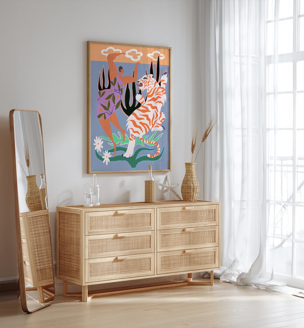 Hello Tiger By Arty Guava Wall Art Prints in Oak Wood Plain Frame placed on a White Colored Wall above a Console Table in the Drawing Room 