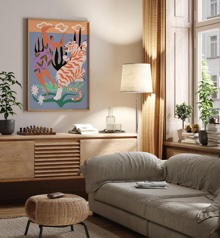 Hello Tiger By Arty Guava Wall Art Prints in Oak Wood Plain Frame placed on a Cream Colored Wall above a Console Table near a Grey Sofa  in the Living Room