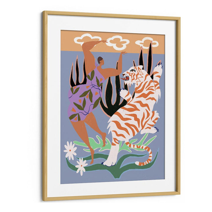 Hello Tiger By Arty Guava Wall Art Prints in Oak Wood Frame With Mount