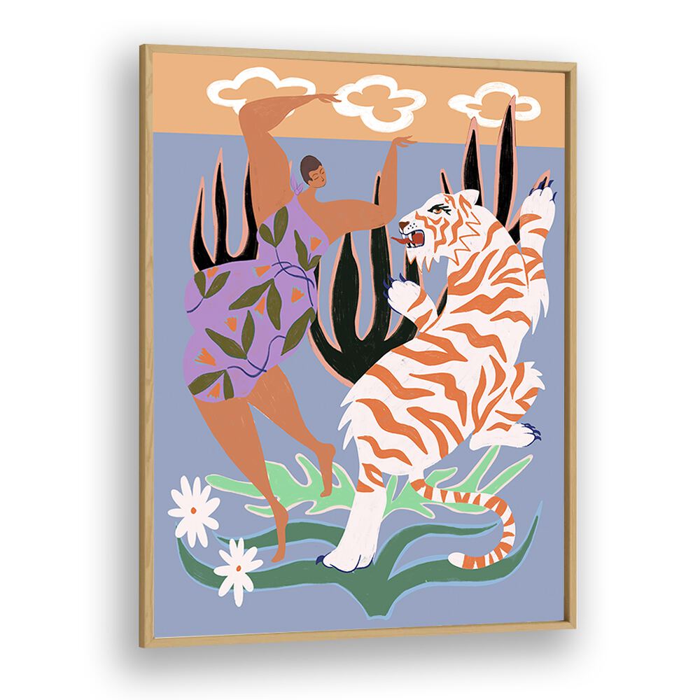 Hello Tiger By Arty Guava Wall Art Prints in Oak Wood Plain Frame