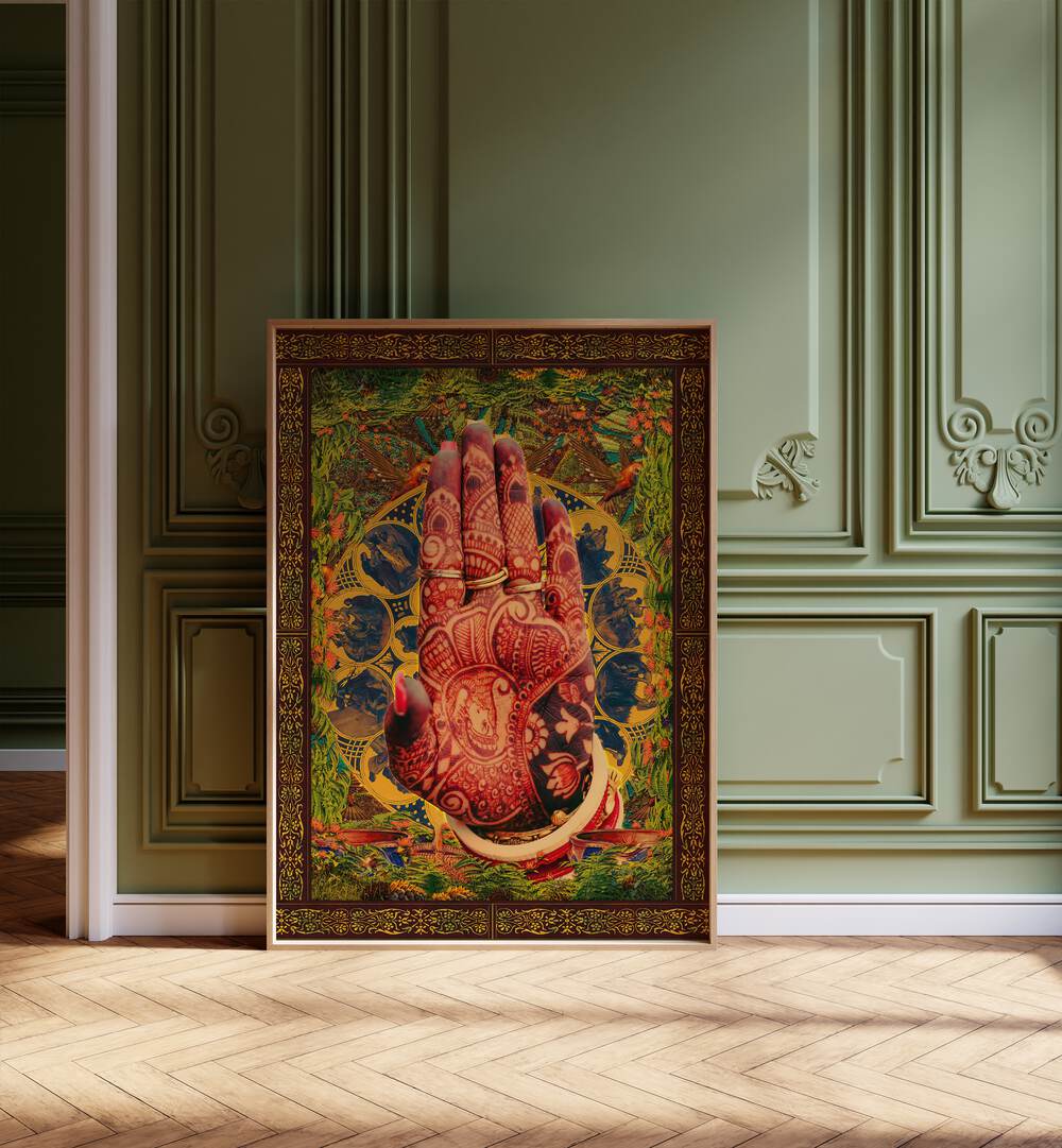 Henna Hand By Cosmo Zach Surreal Art Prints Surrealism in Oak Wood Plain Frame placed on the floor beside a window