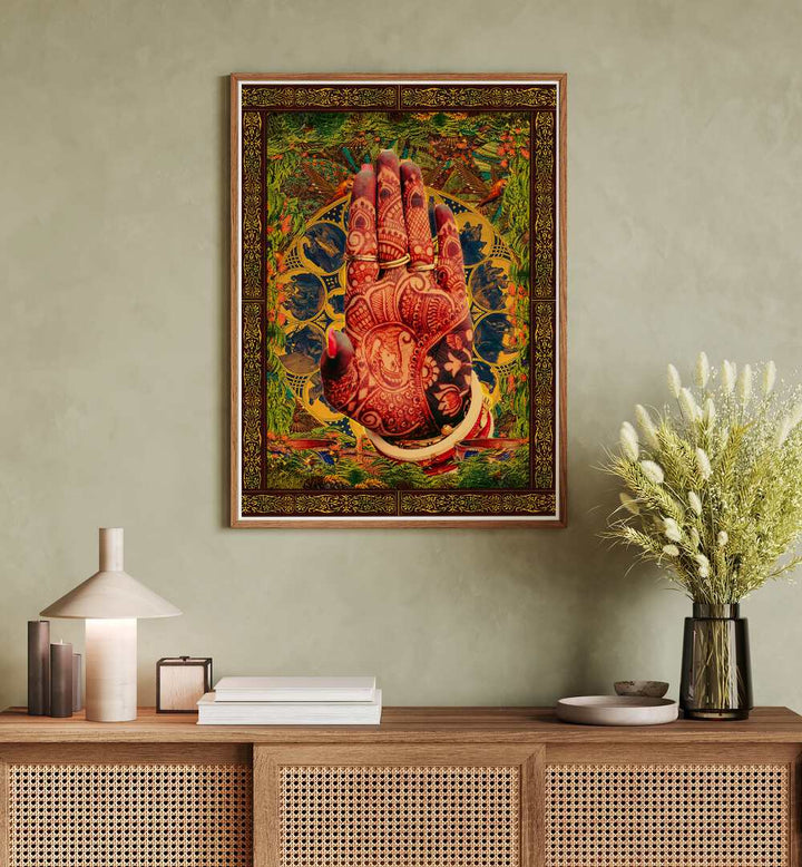 Henna Hand By Cosmo Zach Surreal Art Prints Surrealism in Oak Wood Plain Frame placed on the wall behind a console table