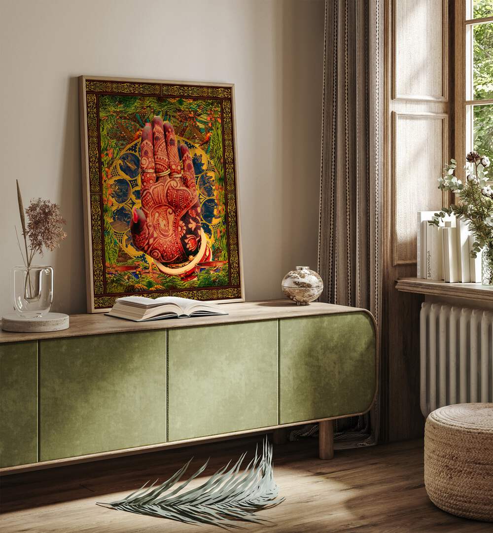 Henna Hand By Cosmo Zach Surreal Art Prints Surrealism in Oak Wood Plain Frame placed on the console table beside a window