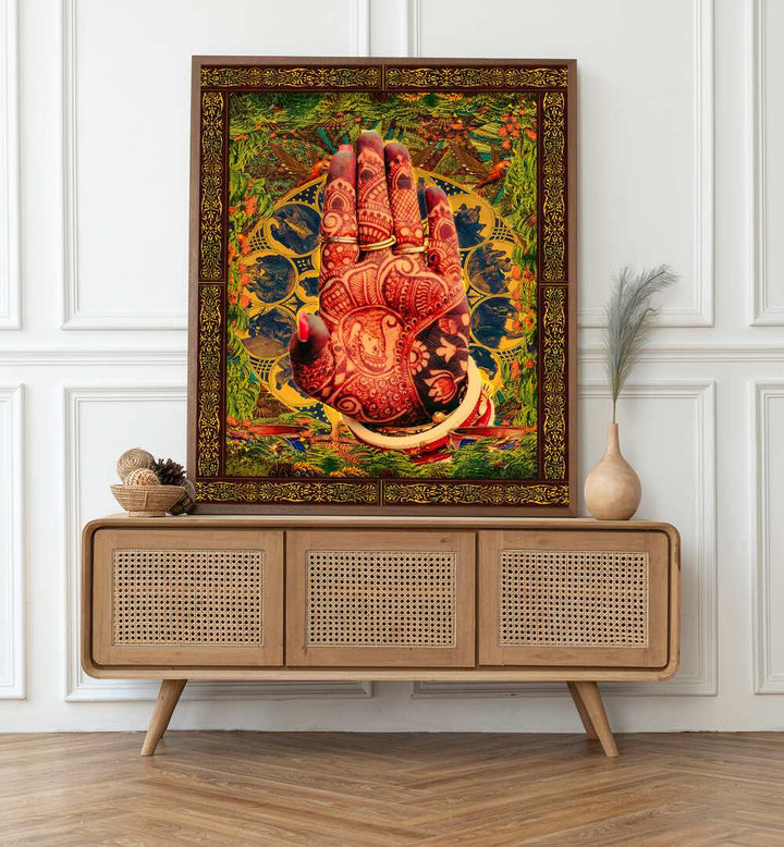 Henna Hand By Cosmo Zach Surreal Art Prints Surrealism in Oak Wood Plain Frame placed on a console table