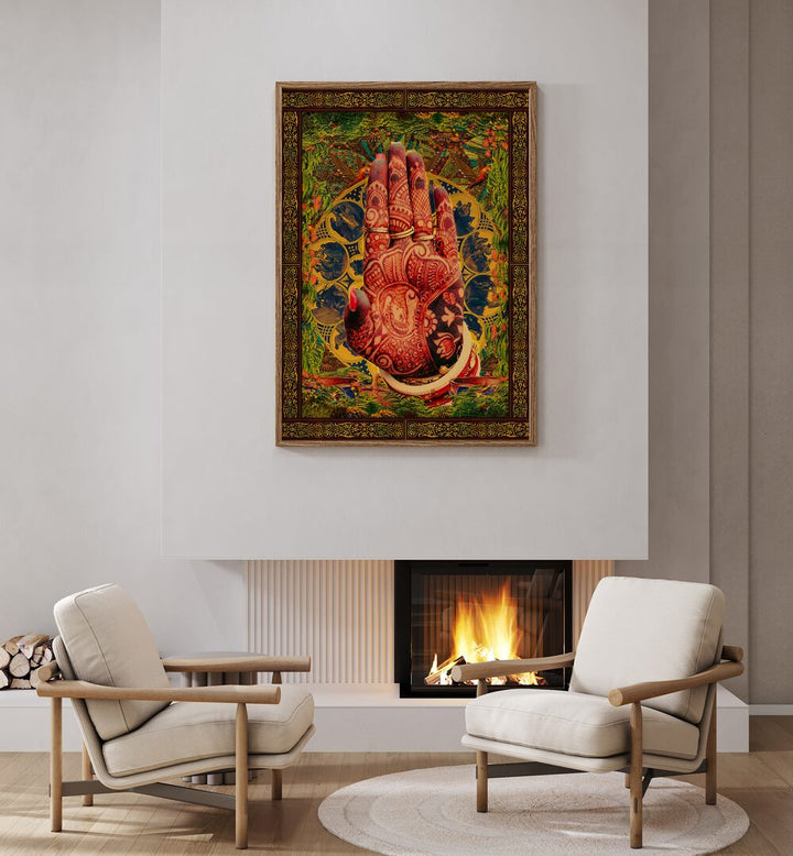 Henna Hand By Cosmo Zach Surreal Art Prints Surrealism in Oak Wood Plain Frame placed on a wall above a fire area and behind two chairs