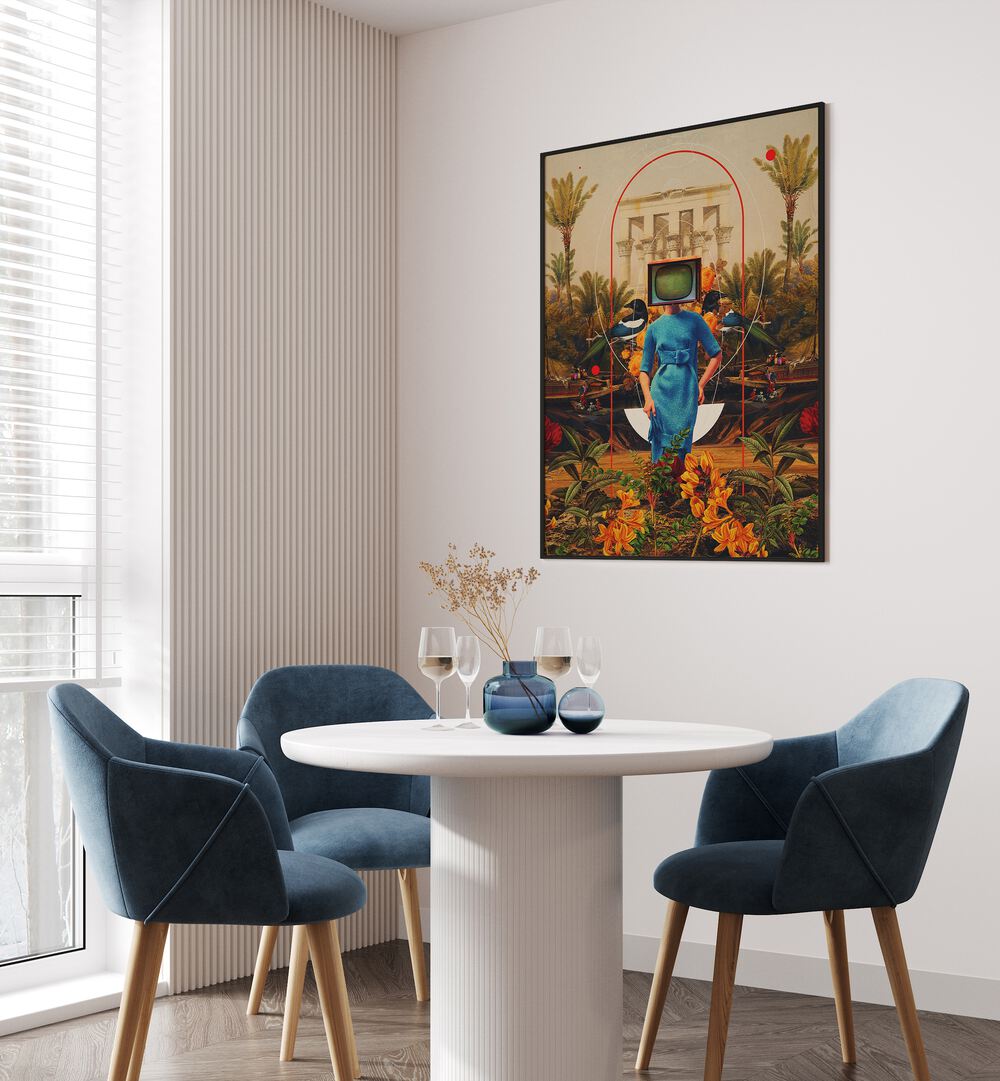 Her Asymmetries By Frank Moth Surreal Art Prints Surrealism in Black Plain Frame placed on a wall behind a dining table