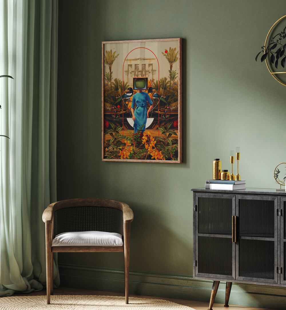 Her Asymmetries By Frank Moth Surreal Art Prints Surrealism in Oak Wood Plain Frame placed on a wall behind a chair