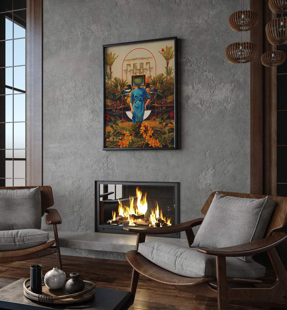 Her Asymmetries By Frank Moth Surreal Art Prints Surrealism in Black Plain Frame placed on a wall above a fire place