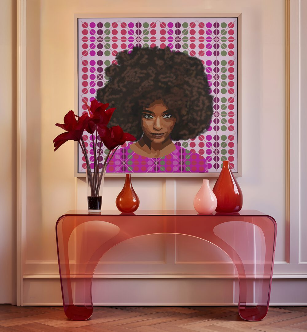 Heres Looking at You By Lynnda Rakos Pop Art Paintings Pop Art Prints in Oak Wood Frame With Mount placed on a wall behind a table