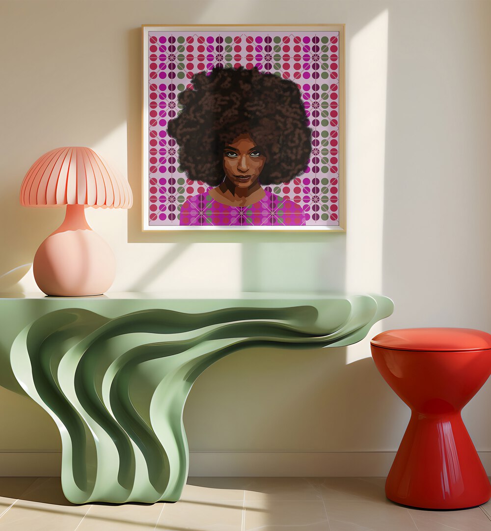 Heres Looking at You By Lynnda Rakos Pop Art Paintings Pop Art Prints in Oak Wood Plain Frame placed on a wall behind a table