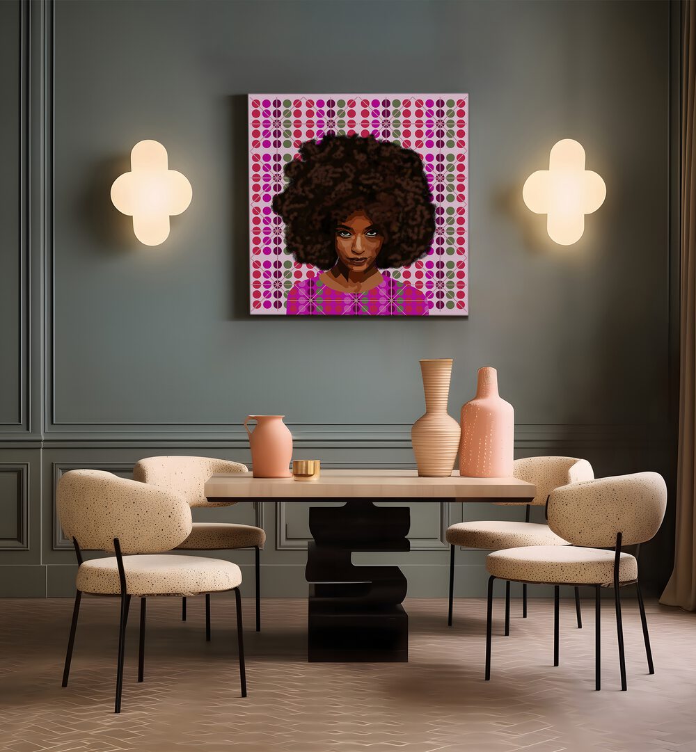 Heres Looking at You By Lynnda Rakos Pop Art Paintings Pop Art Prints in Gallery Wrap placed on a wall behind a dining table 