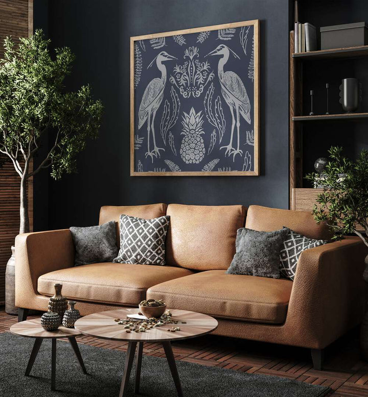 Stylish living room featuring HERON AND FERNS, ANIMAL PAINTINGS, enhancing the modern decor with natural elegance.