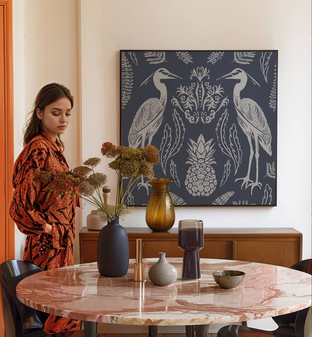 Stylish decor featuring HERON AND FERNS, ANIMAL PAINTINGS, enhancing the interior with elegance and nature.