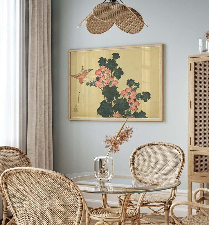 HIBISCUS AND SPARROW , VINTAGE PAINTINGS