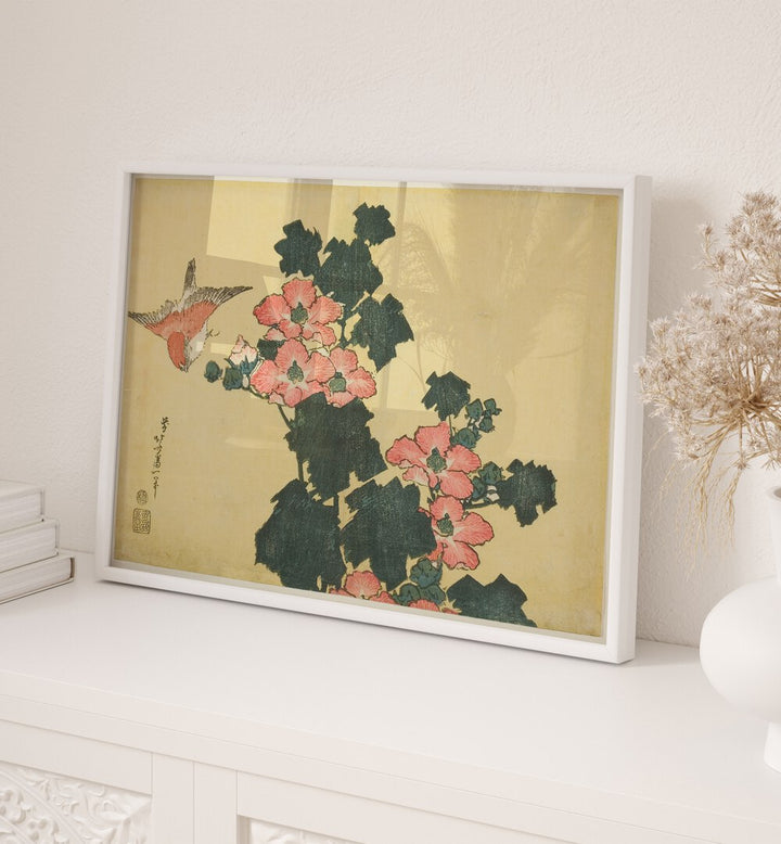 HIBISCUS AND SPARROW , VINTAGE PAINTINGS