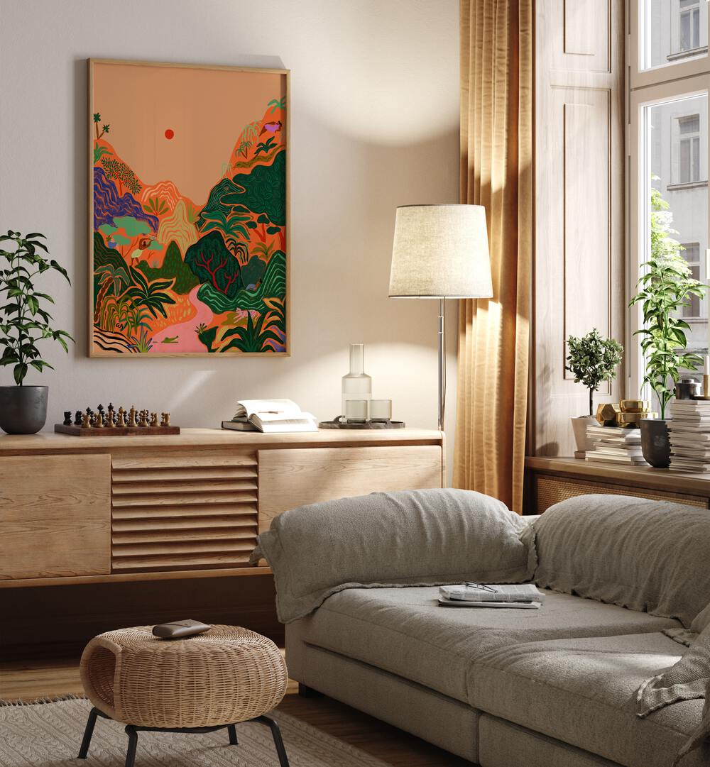 Hidden Paradise II By Arty Guava Wall Art Prints in Oak Wood Plain Frame placed on a Cream Colored Wall above a Console Table near a Grey Sofa in the Living Room