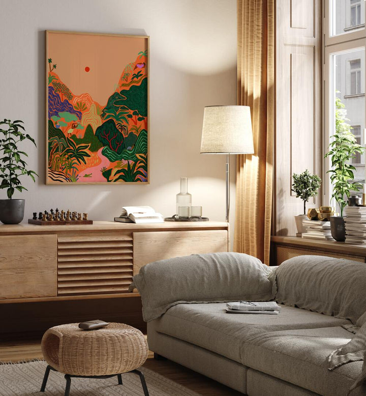 Hidden Paradise II By Arty Guava Wall Art Prints in Oak Wood Plain Frame placed on a Cream Colored Wall above a Console Table near a Grey Sofa in the Living Room