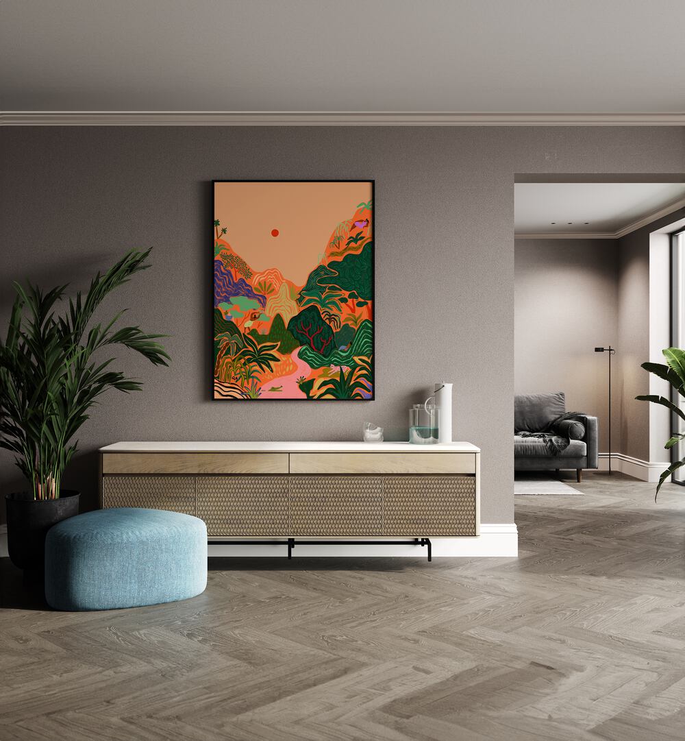 Hidden Paradise II By Arty Guava Wall Art Prints in Black Plain Frame placed on a Beige Colored Wall above a Console Table in the Drawing Room