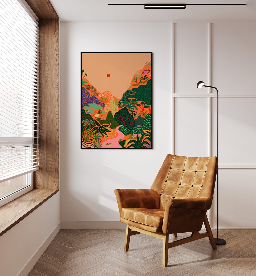 Hidden Paradise II By Arty Guava Wall Art Prints in Black Plain Frame placed on a Cream Colored Wall in the Drawing Room