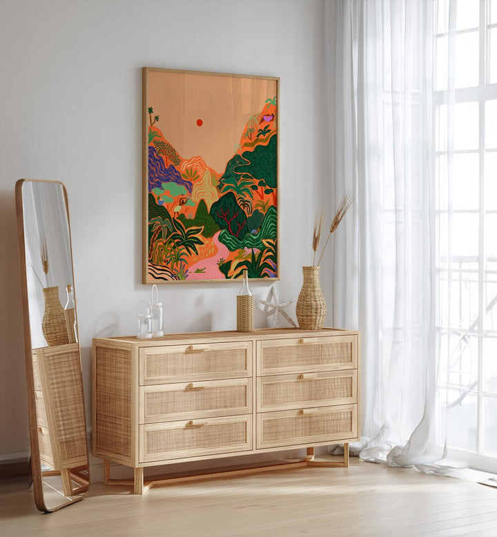 Hidden Paradise II By Arty Guava Wall Art Prints in Oak Wood Plain Frame placed on a White Colored Wall above a Console Table in the Drawing Room 